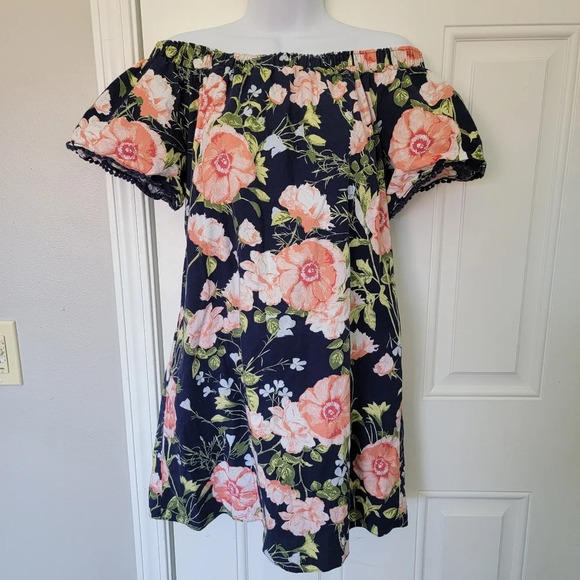 A. Byer Navy Pink Floral Off The Shoulder Mini Summer Dress Pockets Lined Size L - Picture 1 of 11